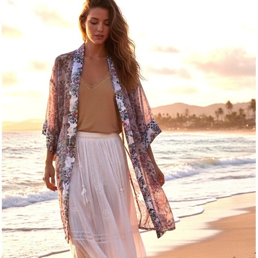 VTG 90s Victoria's Secret Gold Label sheer floral satin trim kimono robe Paisley